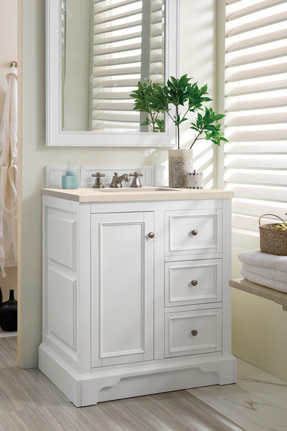 De Soto 30" Single Vanity, Bright White w/ 3 CM Eternal Marfil Quartz Top James Martin Vanities