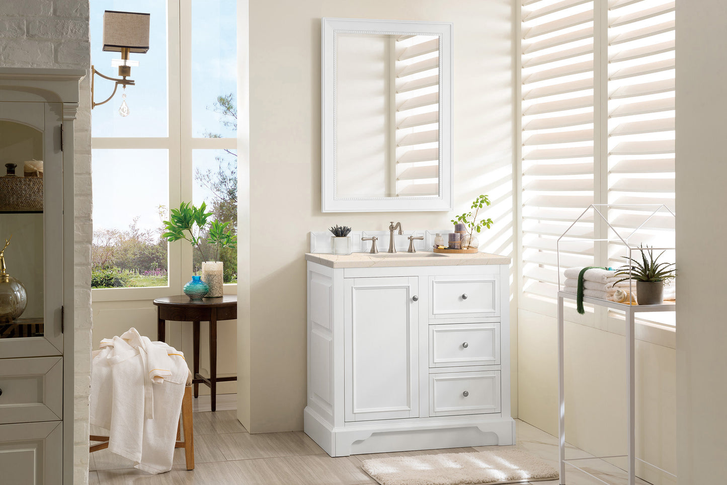 De Soto 36" Single Vanity, Bright White w/ 3 CM Eternal Marfil Quartz Top James Martin Vanities