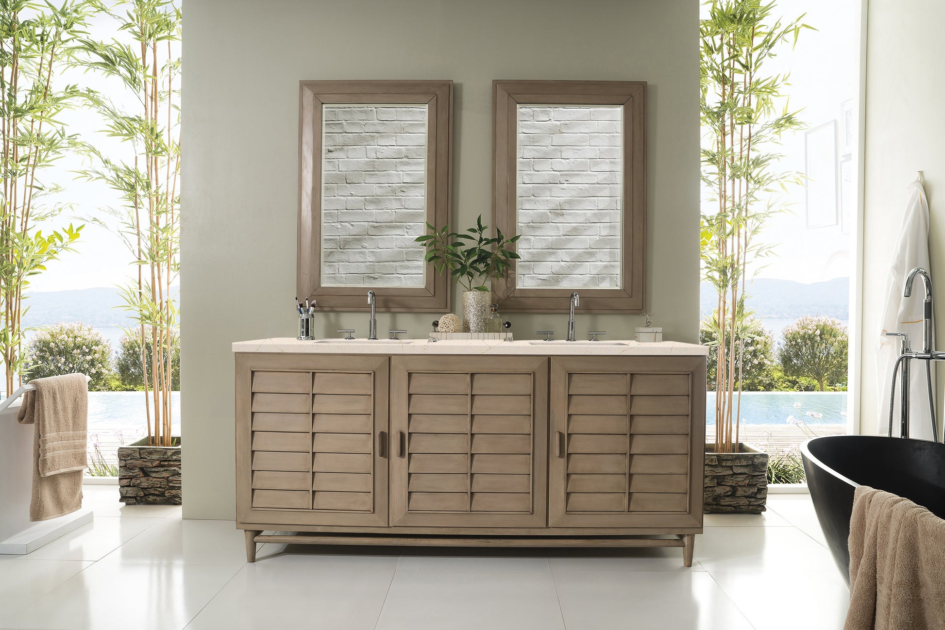 Portland 72" Double Vanity Whitewashed Walnut, w/ 3 CM Eternal Marfil Quartz Top James Martin Vanities