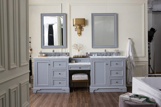 De Soto 94" Double Vanity Set, Silver Gray w/ Makeup Table, 3 CM Carrara Marble Top James Martin Vanities