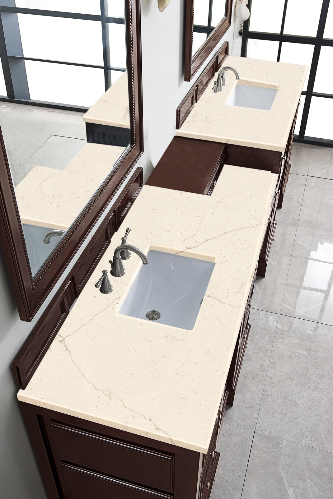 De Soto 118" Double Vanity Set, Burnished Mahogany w/ Makeup Table, 3 CM Eternal Marfil Quartz Top James Martin