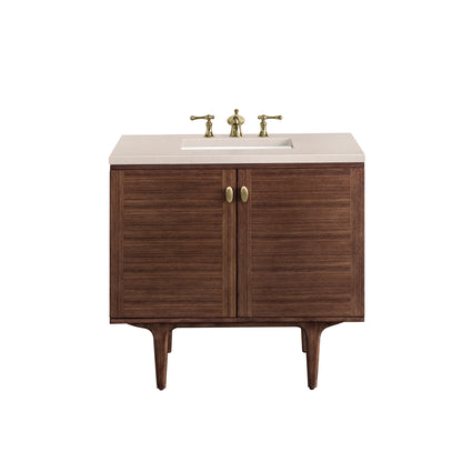 Amberly 36" Single Vanity, Mid-Century Walnut w/ 3CM Eternal Marfil Top James Martin Vanities