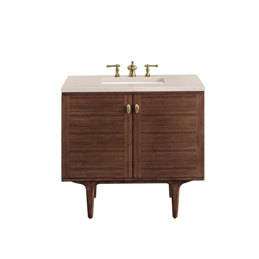 Amberly 36" Single Vanity, Mid-Century Walnut w/ 3CM Eternal Marfil Top James Martin Vanities