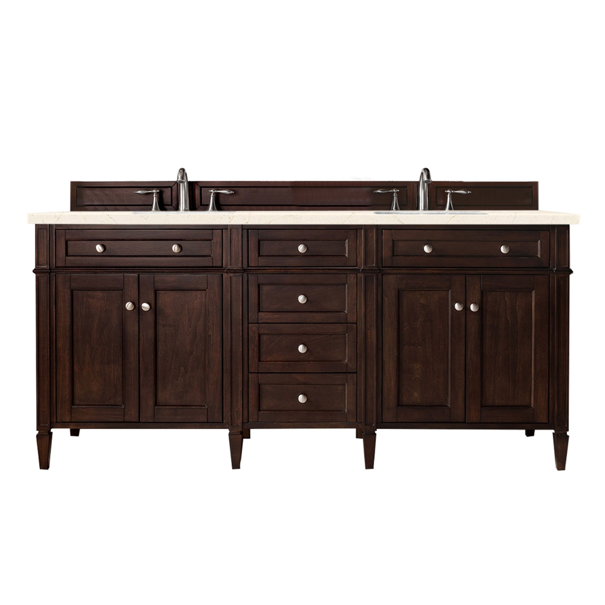 Brittany 72" Burnished Mahogany Double Vanity w/ 3 CM Eternal Marfil Quartz Top James Martin Vanities