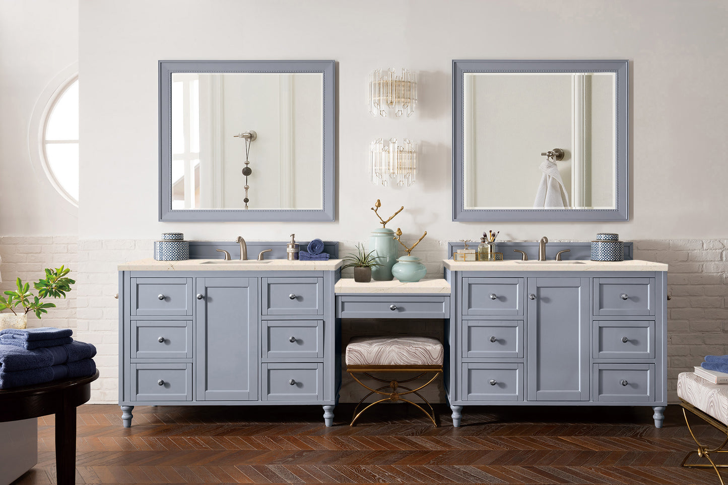 Copper Cove Encore 122" Double Vanity Set, Silver Gray w/ Makeup Table, 3 CM Eternal Marfil Quartz Top James Martin Vanities