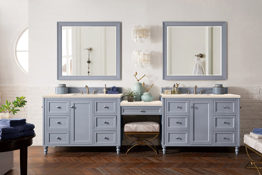 Copper Cove Encore 122" Double Vanity Set, Silver Gray w/ Makeup Table, 3 CM Eternal Marfil Quartz Top James Martin Vanities