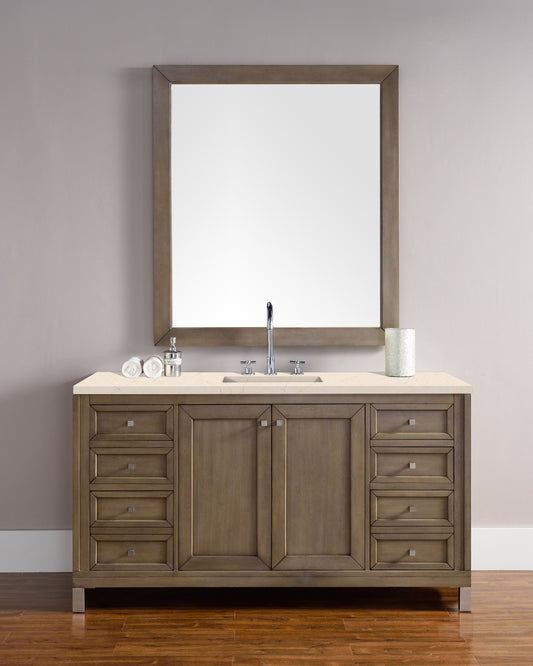 Chicago 60" Single Vanity, Whitewashed Walnut w/ 3 CM Eternal Marfil Quartz Top James Martin Vanities