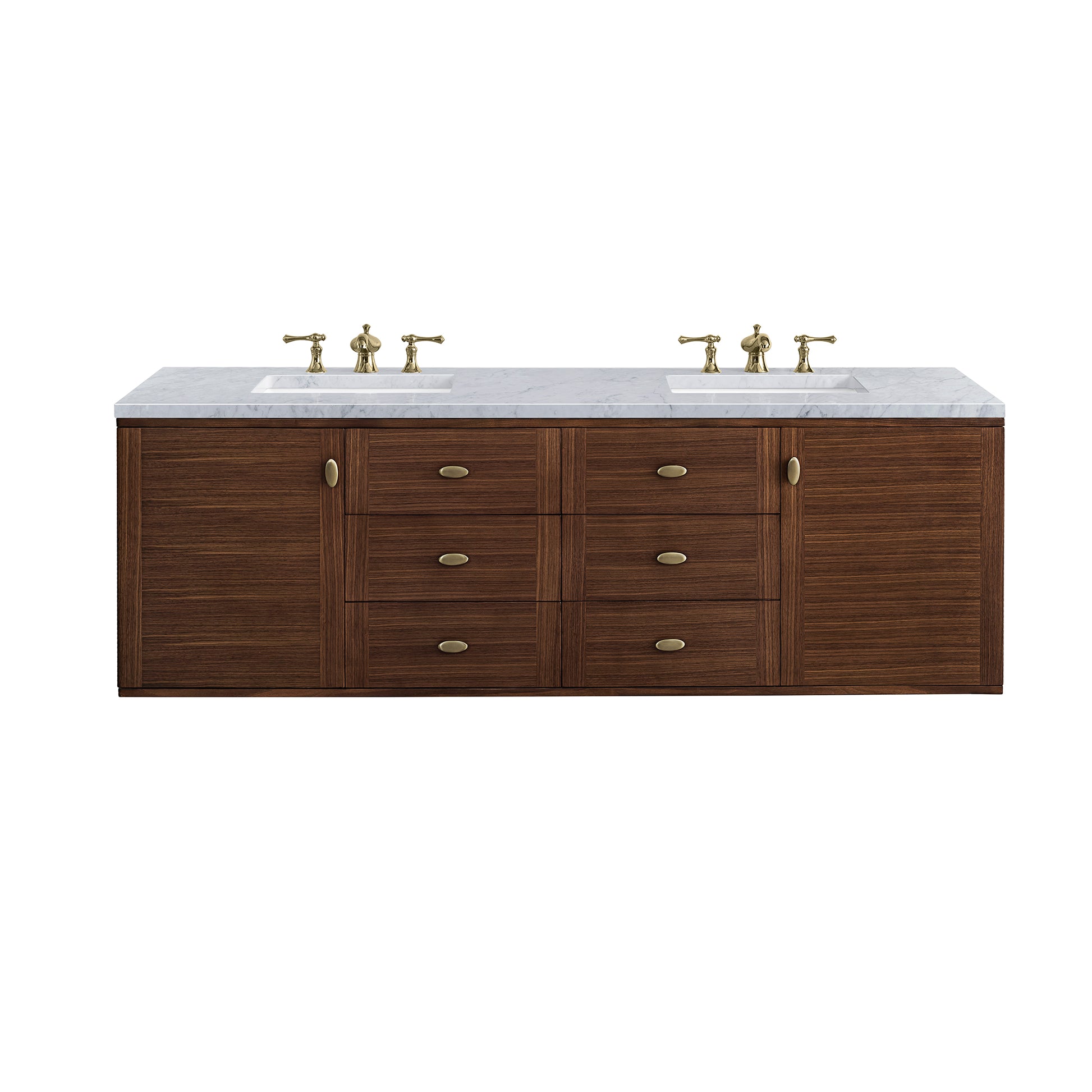 Amberly 72" Double Vanity, Mid-Century Walnut w/ 3CM Carrara Marble Top James Martin Vanities