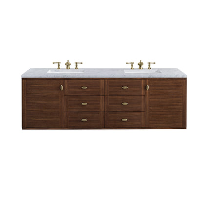 Amberly 72" Double Vanity, Mid-Century Walnut w/ 3CM Carrara Marble Top James Martin Vanities