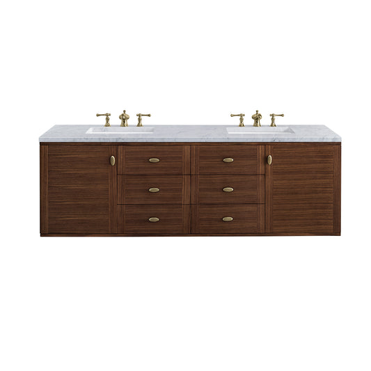 Amberly 72" Double Vanity, Mid-Century Walnut w/ 3CM Carrara Marble Top James Martin Vanities