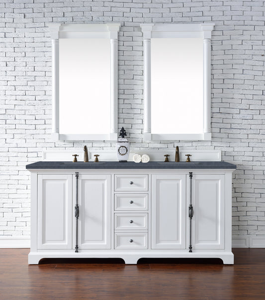 Providence 72" Double Vanity Cabinet, Bright White, w/ 3 CM Charcoal Soapstone Quartz Top James Martin