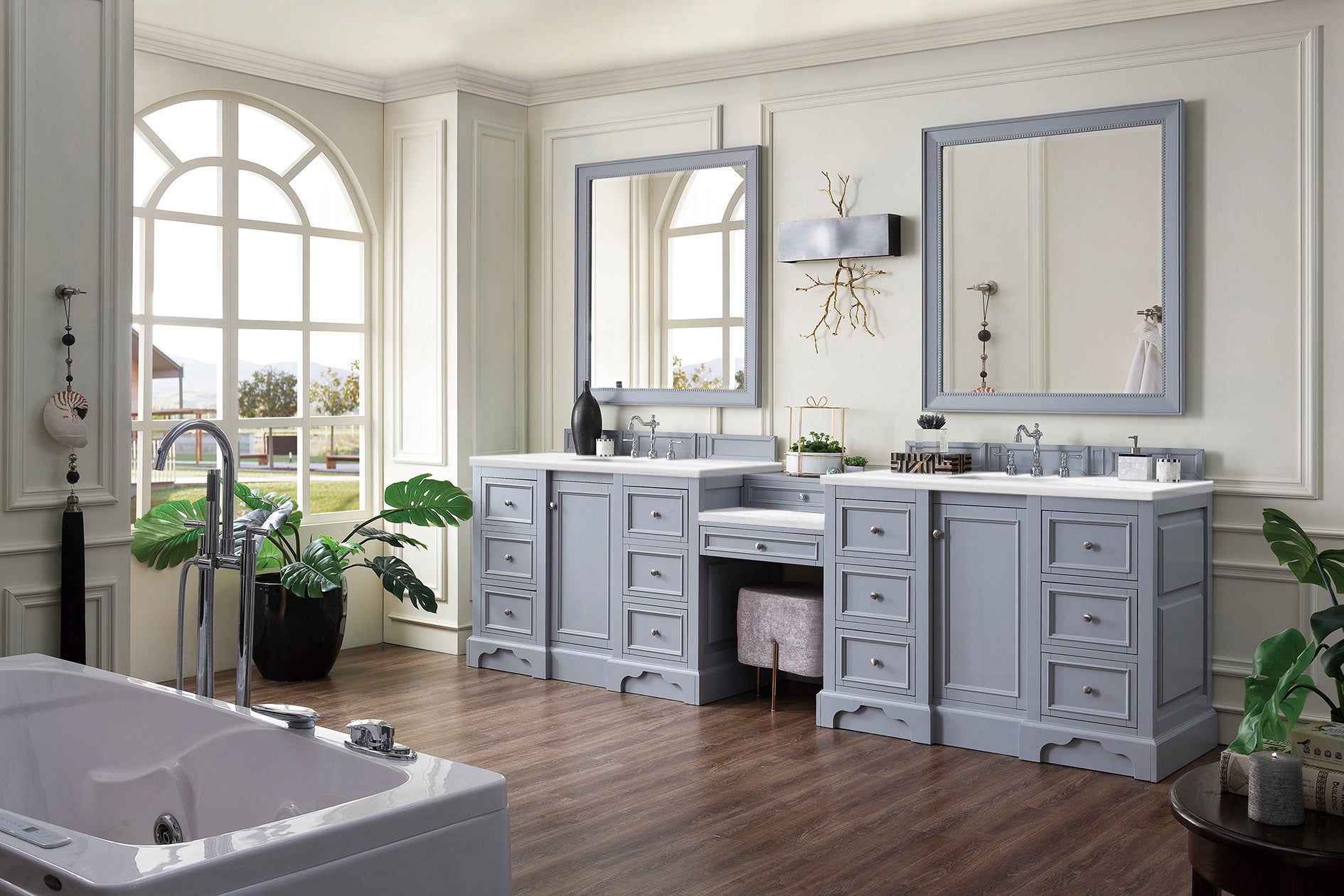 De Soto 118" Double Vanity Set, Silver Gray w/ Makeup Table, 3 CM Arctic Fall Solid Surface Top James Martin Vanities