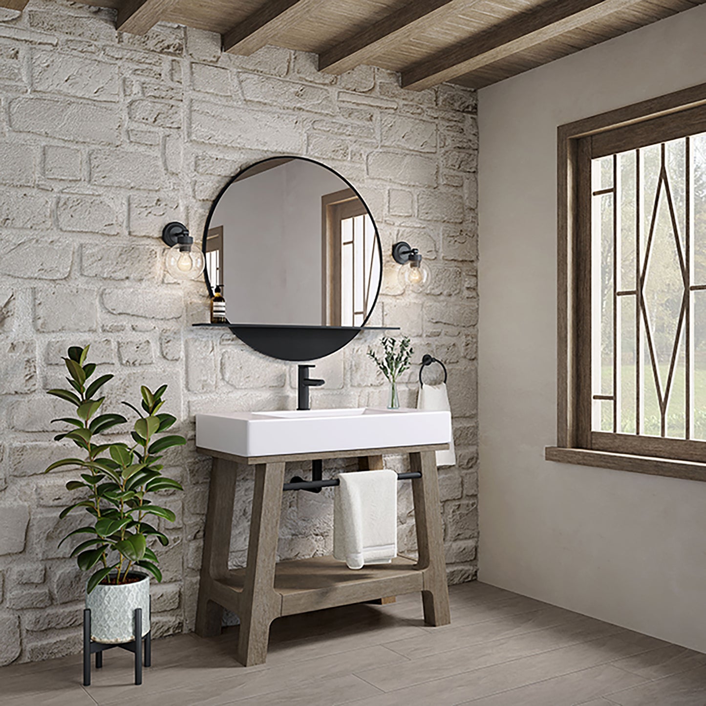 Auburn 36" Sink Console, Weathered Timber w/ Glossy White Mineral Composite Top James Martin Vanities