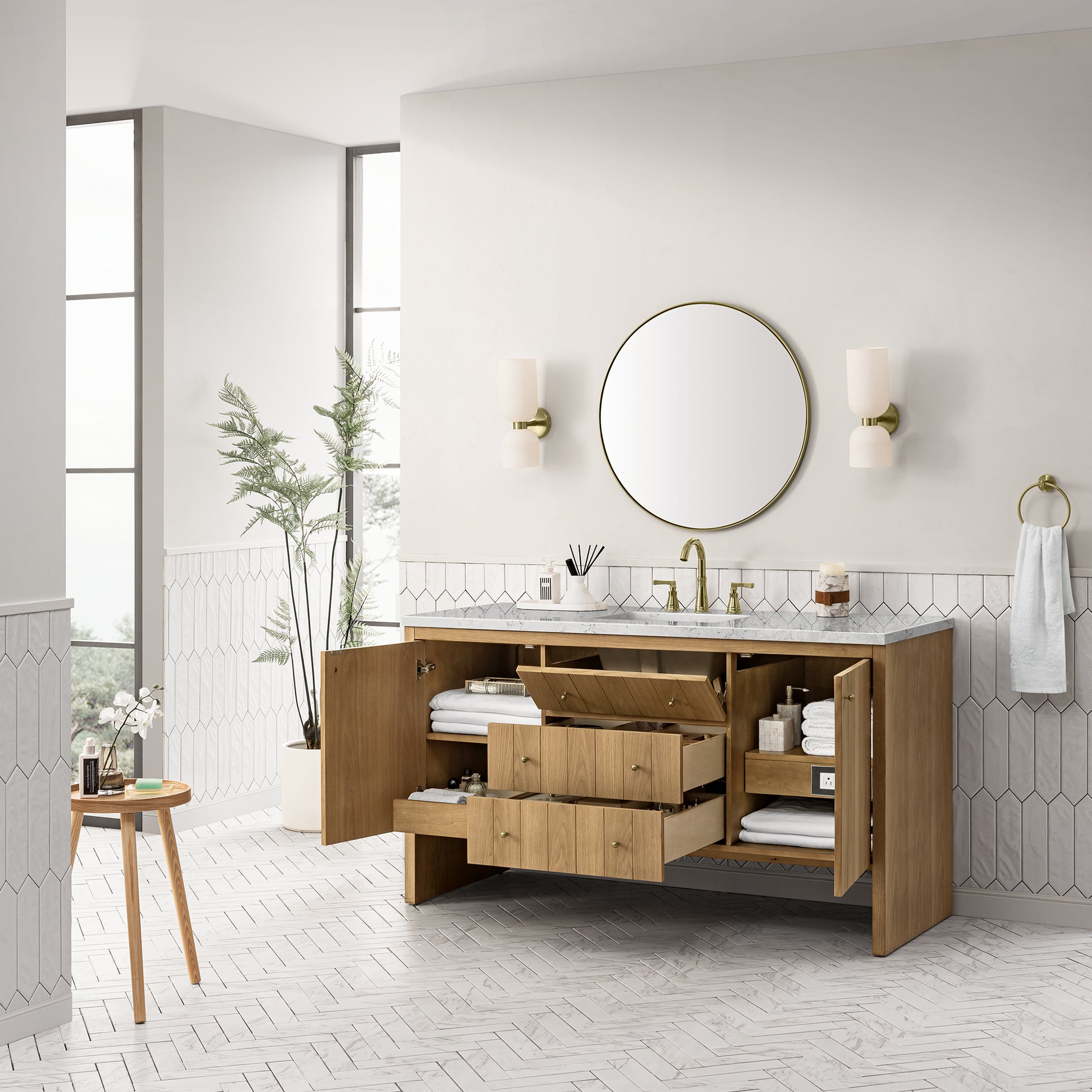 Hudson 60" Single Vanity, Light Natural Oak w/ 3CM Eternal Jasmine Pearl Top James Martin Vanities