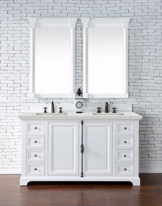 Providence 60" Double Vanity Cabinet, Bright White, w/ 3 CM Eternal Jasmine Pearl Quartz Top James Martin