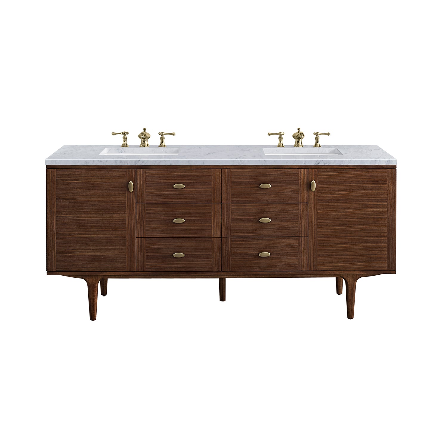 Amberly 72" Double Vanity, Mid-Century Walnut w/ 3CM Carrara Marble Top James Martin Vanities