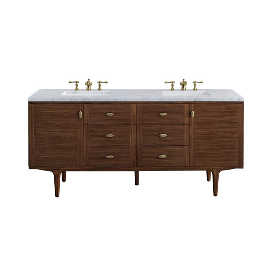 Amberly 72" Double Vanity, Mid-Century Walnut w/ 3CM Carrara Marble Top James Martin Vanities
