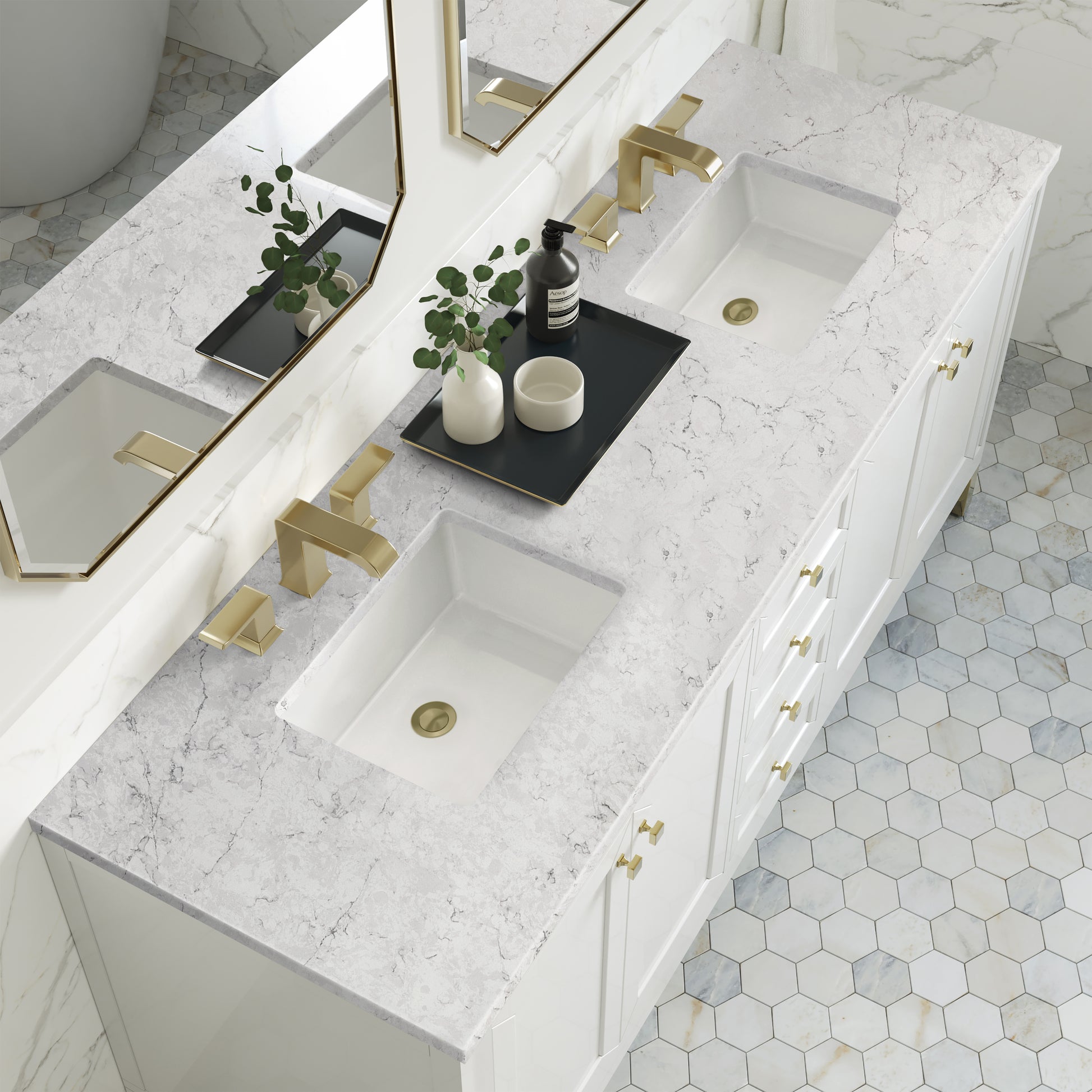 Chicago 72" Double Vanity, Glossy White w/ 3CM Eternal Jasmine Pearl Top James Martin Vanities