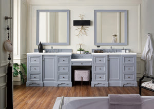 De Soto 118" Double Vanity Set, Silver Gray w/ Makeup Table, 3 CM White Zeus Quartz Top James Martin Vanities