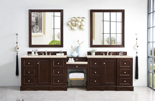 De Soto 118" Double Vanity Set, Burnished Mahogany w/ Makeup Table, 3 CM Eternal Marfil Quartz Top James Martin
