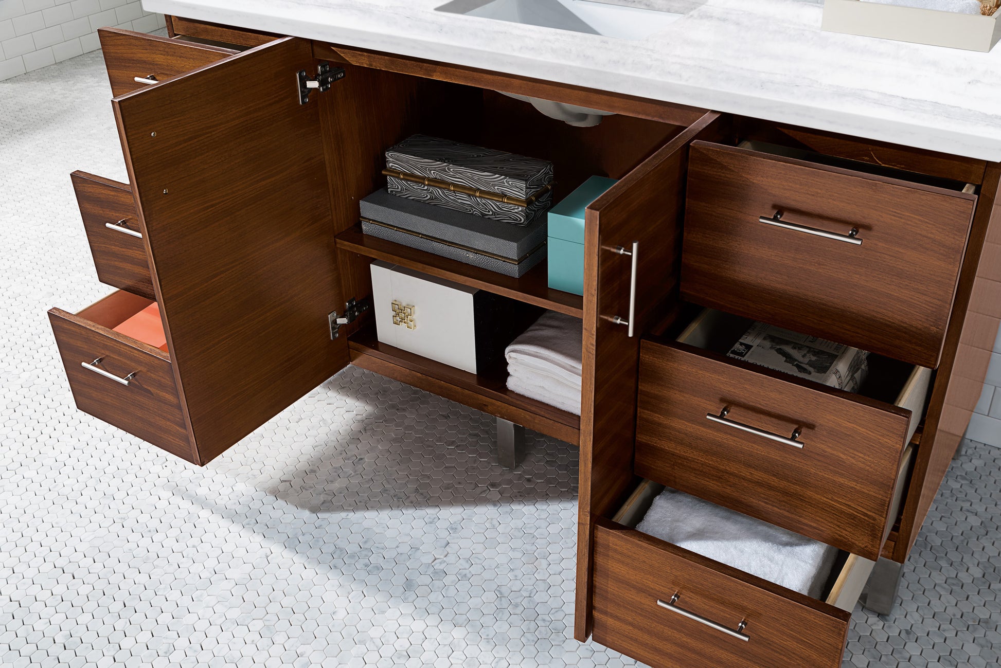Bathroom Vanities Outlet Atlanta Renovate for LessMetropolitan 60" American Walnut Single Vanity w/ 3 CM Arctic Fall Solid Surface Top