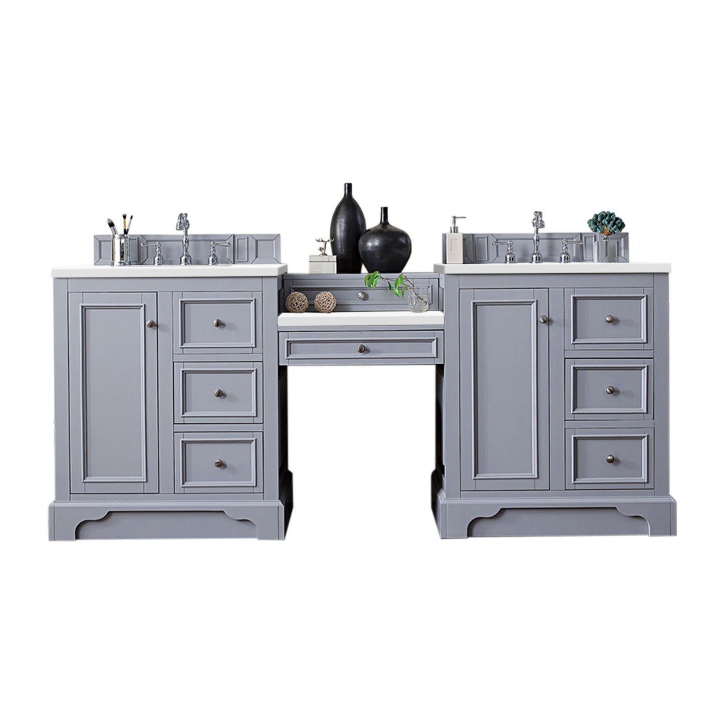 De Soto 82" Double Vanity Set, Silver Gray w/ Makeup Table, 3 CM White Zeus Quartz Top James Martin Vanities