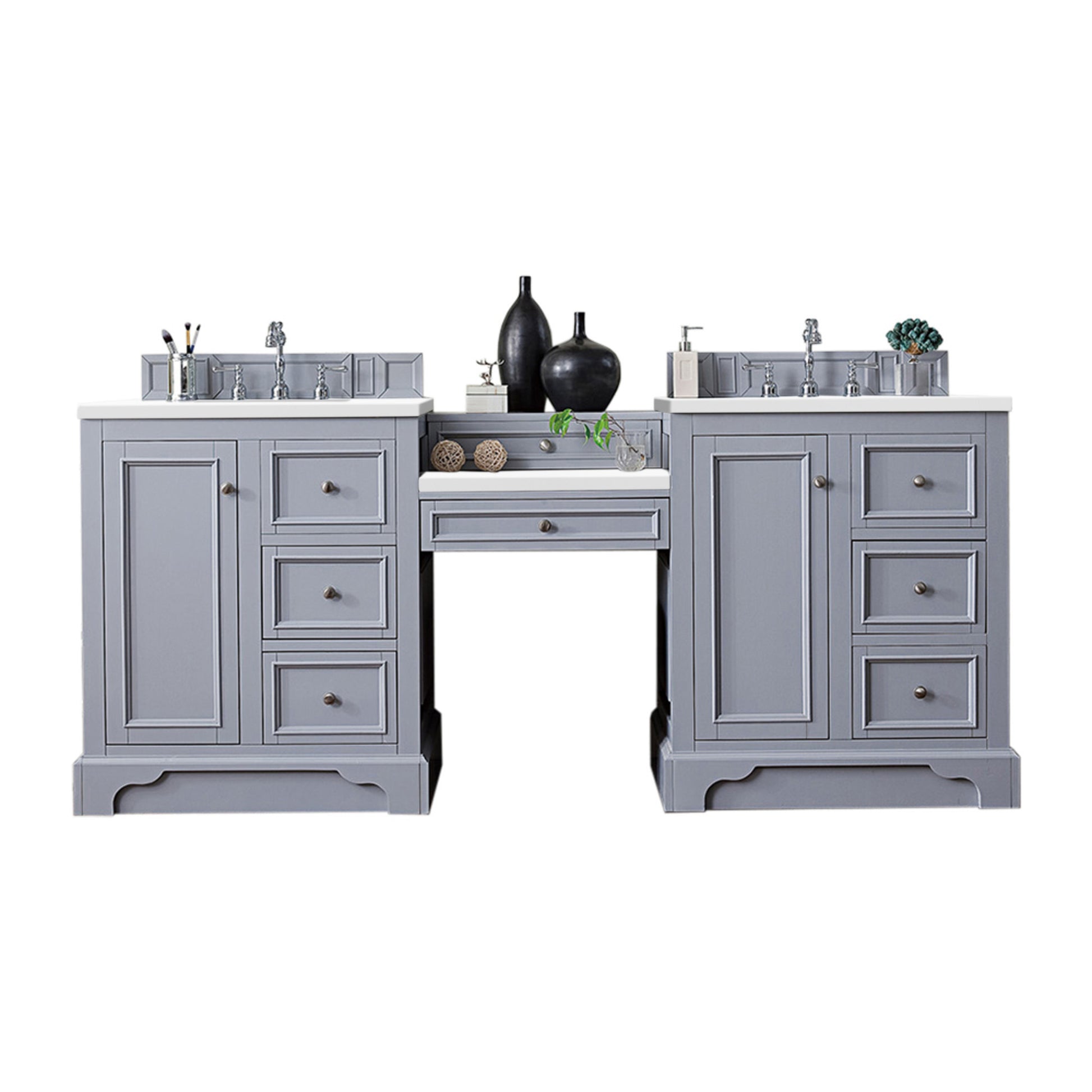 De Soto 82" Double Vanity Set, Silver Gray w/ Makeup Table, 3 CM White Zeus Quartz Top James Martin Vanities