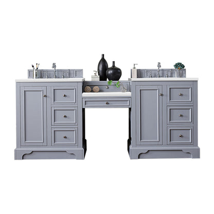 De Soto 82" Double Vanity Set, Silver Gray w/ Makeup Table, 3 CM White Zeus Quartz Top James Martin Vanities