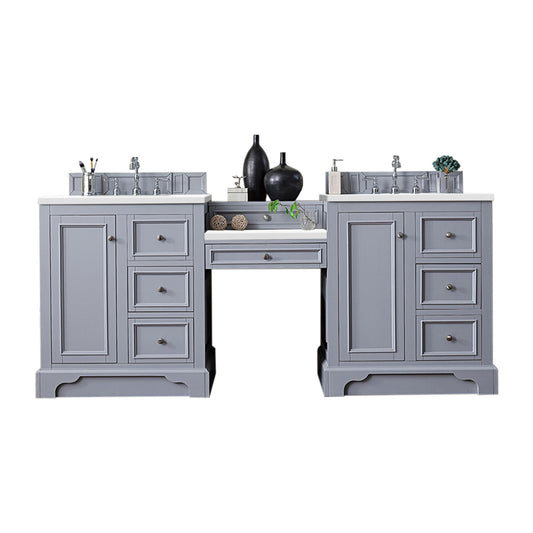 De Soto 82" Double Vanity Set, Silver Gray w/ Makeup Table, 3 CM White Zeus Quartz Top James Martin Vanities