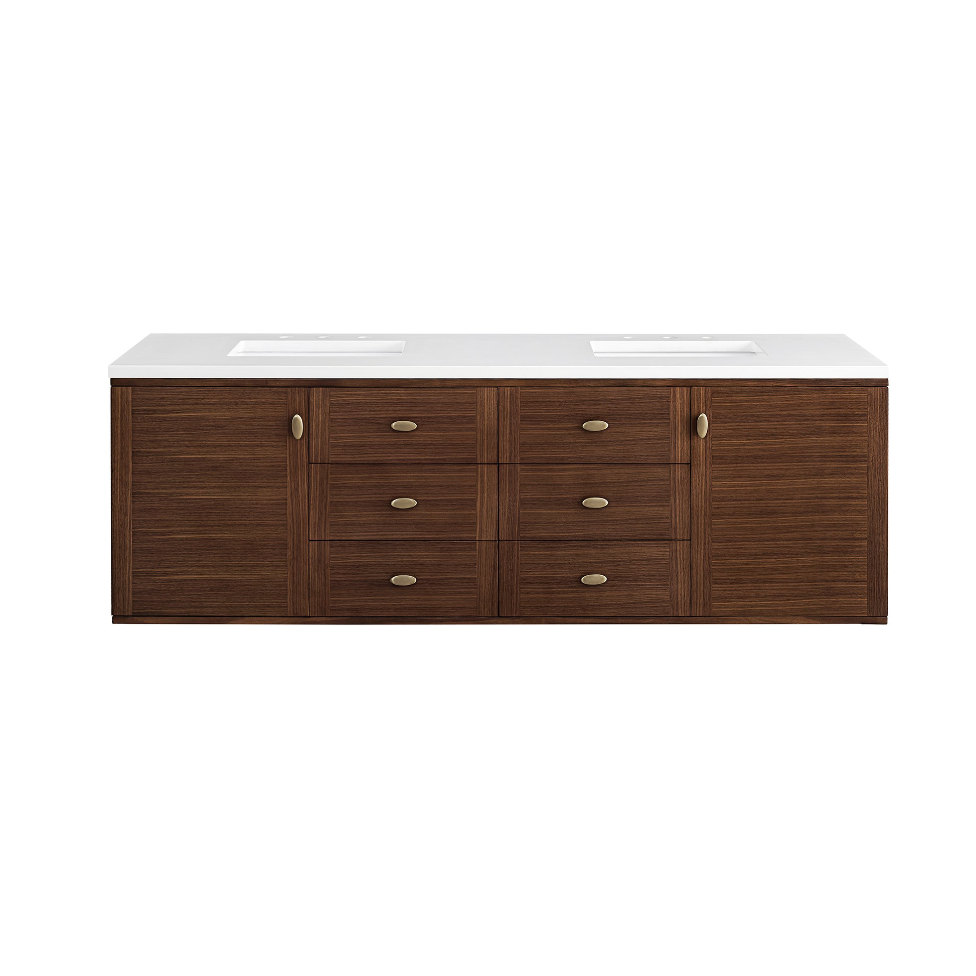 Amberly 72" Double Vanity, Mid-Century Walnut w/ 3CM White Zeus Top James Martin Vanities