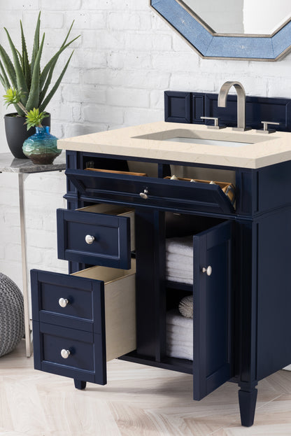 Brittany 30" Single Vanity, Victory Blue w/ 3 CM Eternal Marfil Quartz Top James Martin Vanities