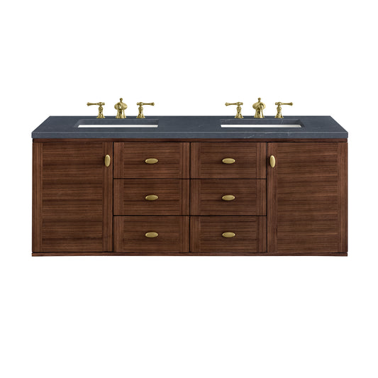 Amberly 60" Double Vanity, Mid-Century Walnut w/ 3CM Charcoal Soapstone Top James Martin Vanities