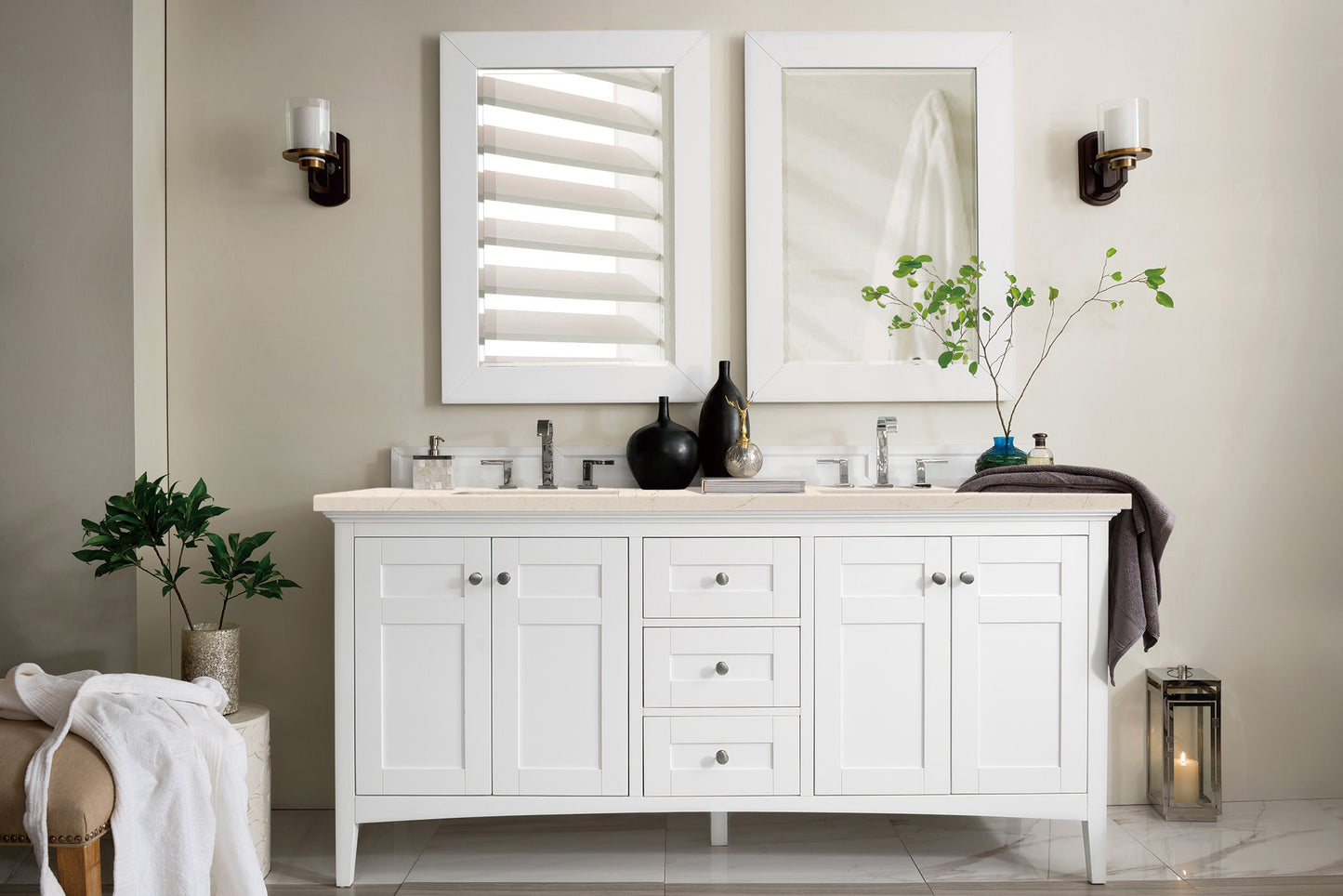 Palisades 72" Double Vanity, Bright White, w/ 3 CM Eternal Marfil Quartz Top James Martin Vanities