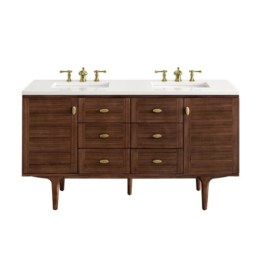 Amberly 60" Double Vanity, Mid-Century Walnut w/ 3CM White Zeus Top James Martin Vanities
