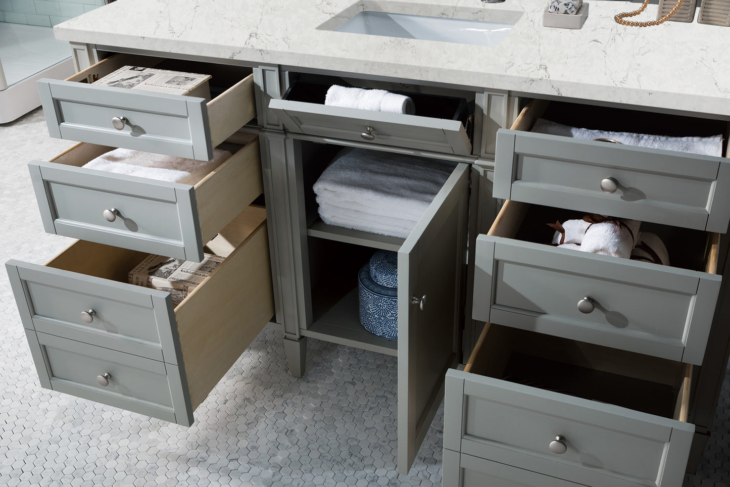 Bathroom Vanities Outlet Atlanta Renovate for LessBrittany 60" Urban Gray Single Vanity w/ 3 CM Eternal Jasmine Pearl Quartz Top