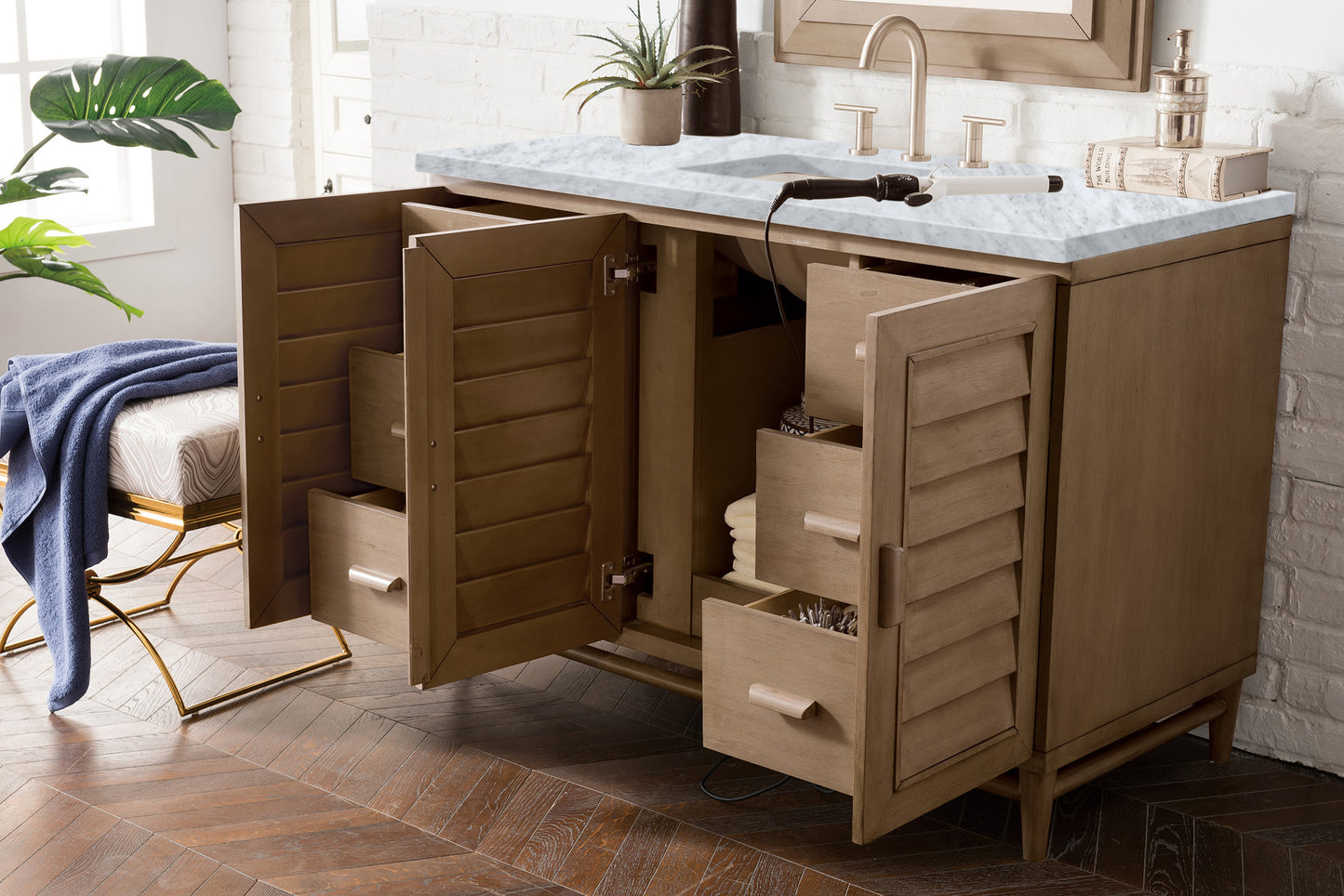 Portland 48" Single Vanity Whitewashed Walnut w/ 3 CM Carrara Marble Top James Martin Vanities
