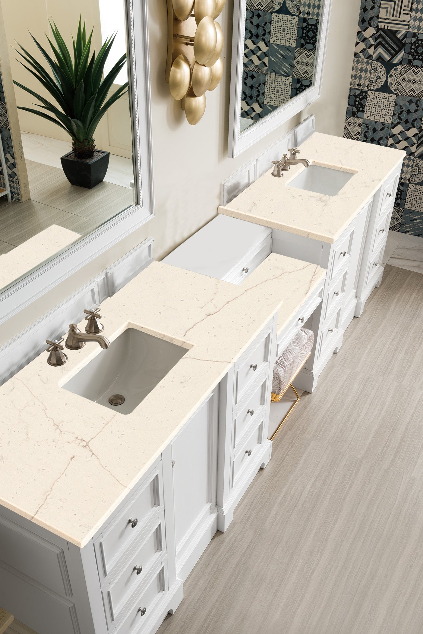 De Soto 118" Double Vanity Set, Bright White w/ Makeup Table, 3 CM Eternal Marfil Quartz Top James Martin