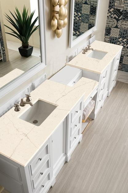 De Soto 118" Double Vanity Set, Bright White w/ Makeup Table, 3 CM Eternal Marfil Quartz Top James Martin