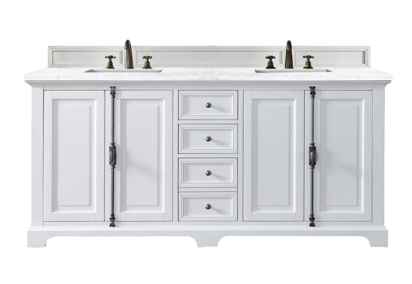 Providence 72" Bright White Double Vanity w/ 3 CM Arctic Fall Solid Surface Top James Martin