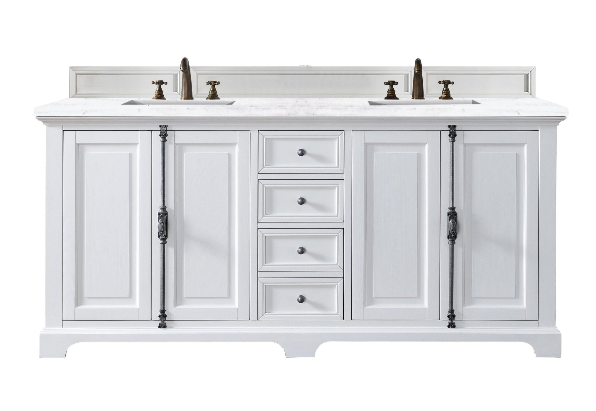Providence 72" Bright White Double Vanity w/ 3 CM Arctic Fall Solid Surface Top James Martin