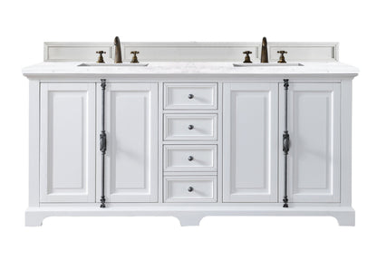 Providence 72" Bright White Double Vanity w/ 3 CM Arctic Fall Solid Surface Top James Martin