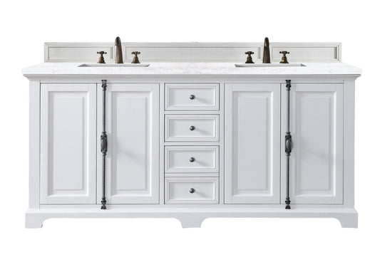 Providence 72" Bright White Double Vanity w/ 3 CM Arctic Fall Solid Surface Top James Martin