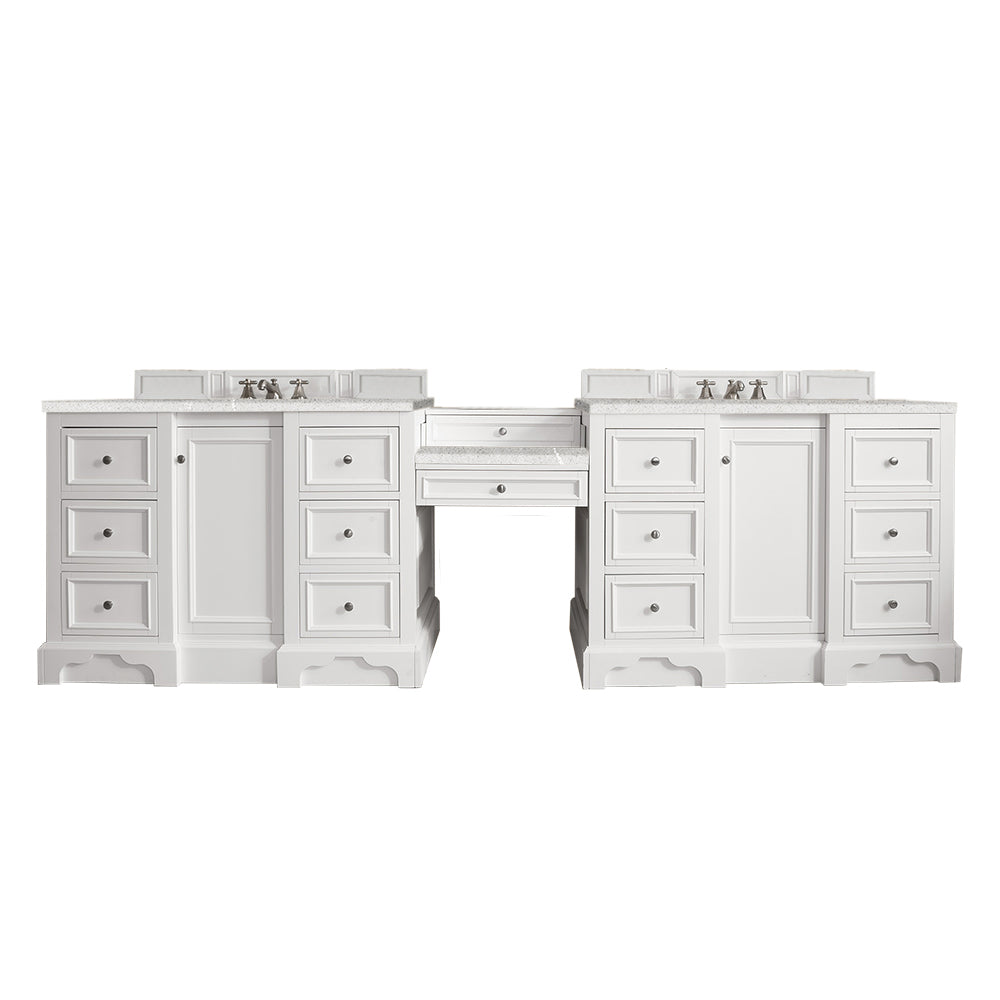 De Soto 118" Double Vanity Set, Bright White w/ Makeup Table, 3 CM Eternal Serena Quartz Top James Martin