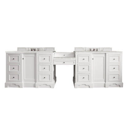 De Soto 118" Double Vanity Set, Bright White w/ Makeup Table, 3 CM Eternal Serena Quartz Top James Martin