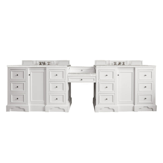 De Soto 118" Double Vanity Set, Bright White w/ Makeup Table, 3 CM Eternal Serena Quartz Top James Martin