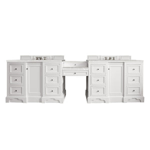 De Soto 118" Double Vanity Set, Bright White w/ Makeup Table, 3 CM Eternal Serena Quartz Top James Martin