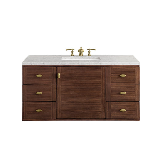 Amberly 48" Single Vanity, Mid-Century Walnut w/ 3CM Eternal Jasmine Pearl Top James Martin Vanities