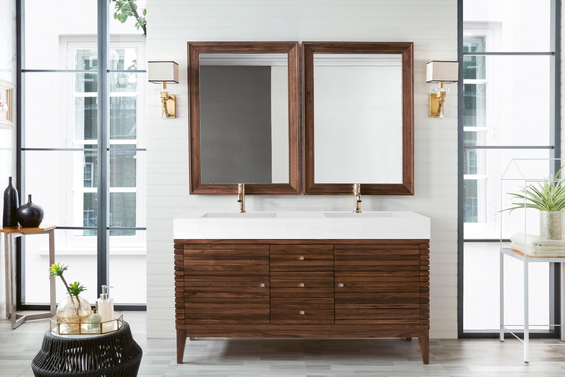 Linear 59" Double Vanity, Mid Century Walnut w/ Glossy White Composite Top James Martin Vanities