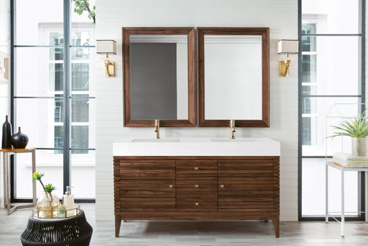 Linear 59" Double Vanity, Mid Century Walnut w/ Glossy White Composite Top James Martin Vanities
