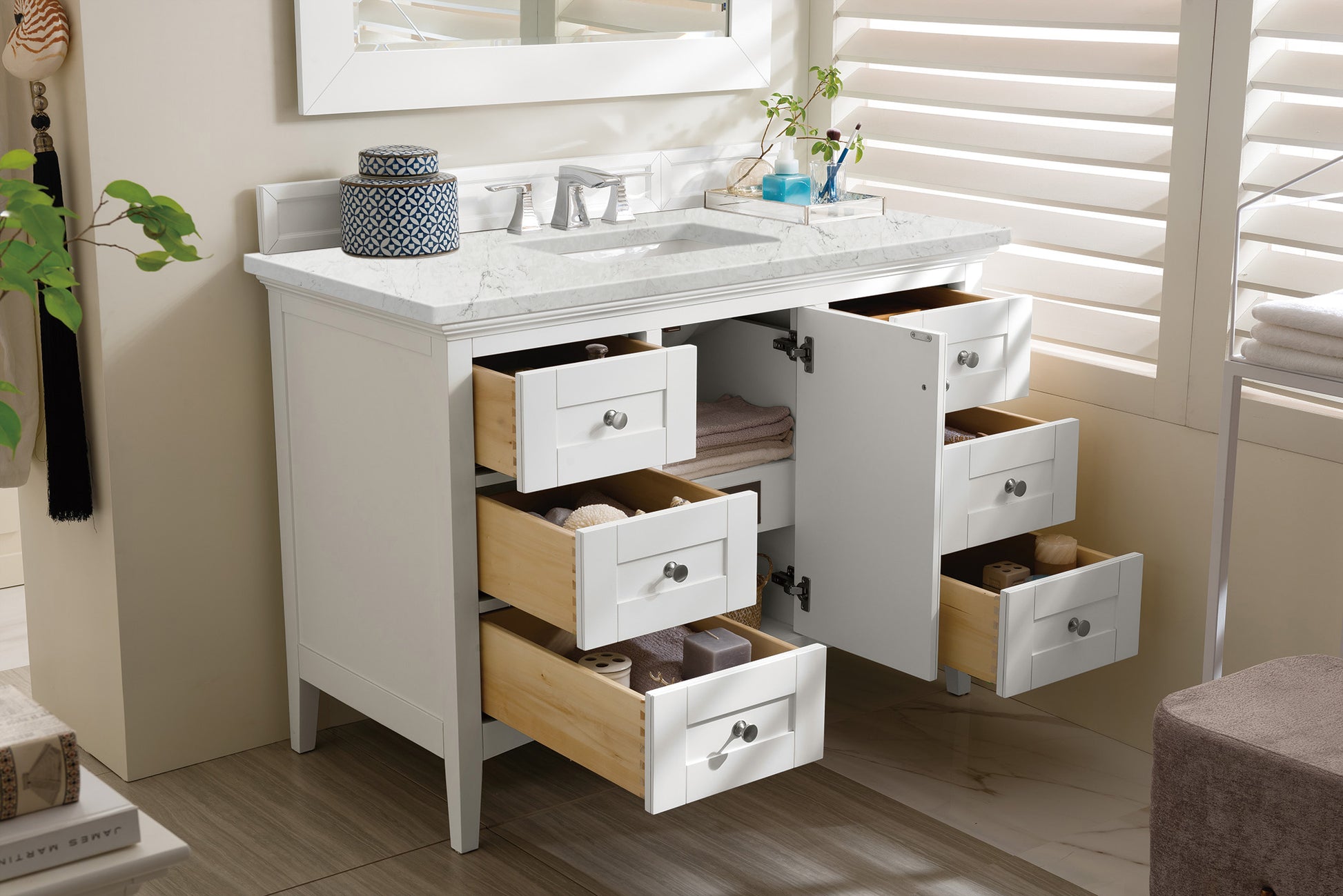 Bathroom Vanities Outlet Atlanta Renovate for LessPalisades 48" Single Vanity, Bright  White, w/ 3 CM Eternal Jasmine Pearl Quartz Top